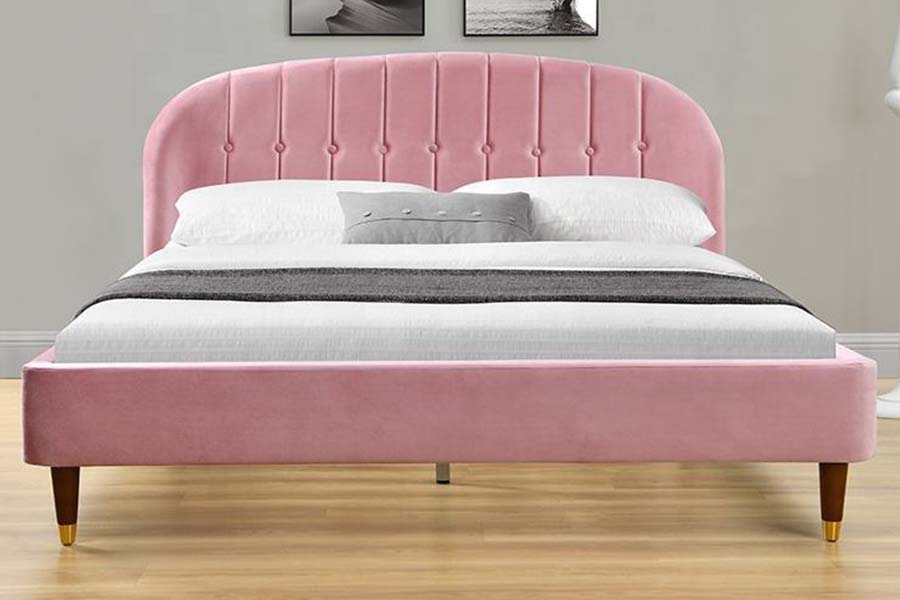 1598 Pink Velvet Fabric na may Wooden Panel Upholstered Bed