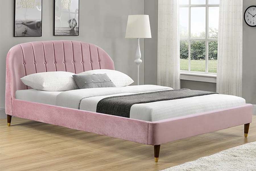 1598 Pink Velvet Fabric na may Wooden Panel Upholstered Bed