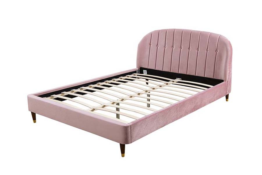 1598 Pink Velvet Fabric na may Wooden Panel Upholstered Bed