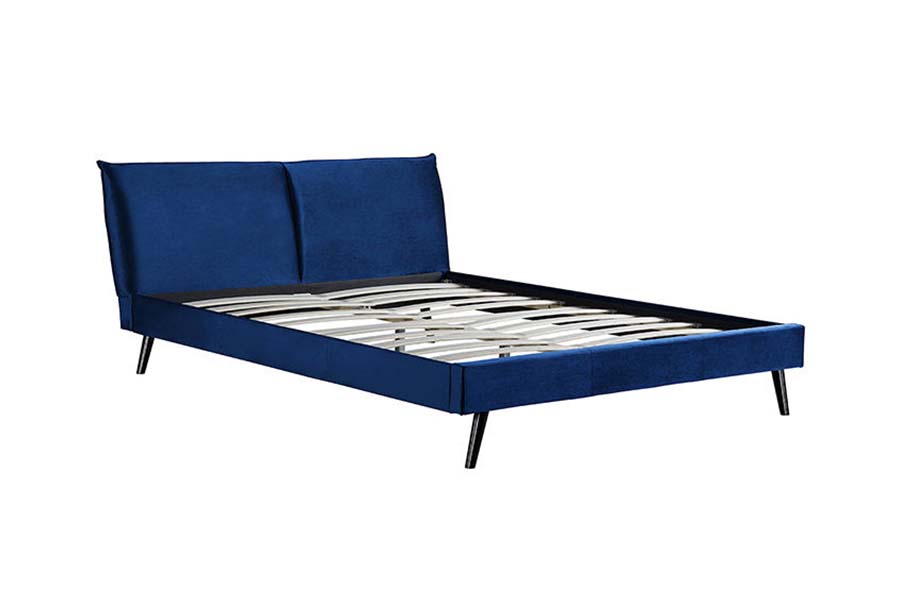 1494 Wooden Leg Queen Bed Blue Soft Headboard Upholstered Bed