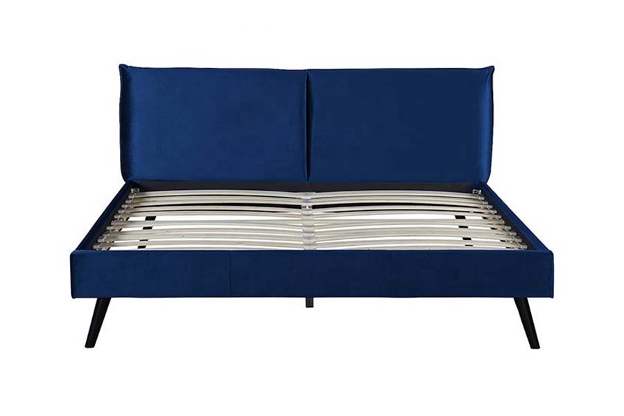 1494 Wooden Leg Queen Bed Blue Soft Headboard Upholstered Bed