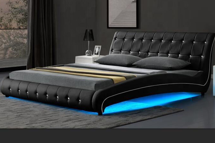 1144-1 Tufted Faux Leather Luxury LED Upholstered Bed Frame