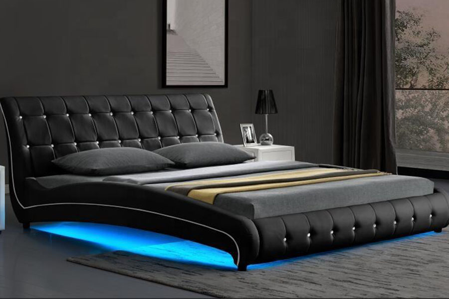 1144-1 Tufted Faux Leather Luxury LED Upholstered Bed Frame
