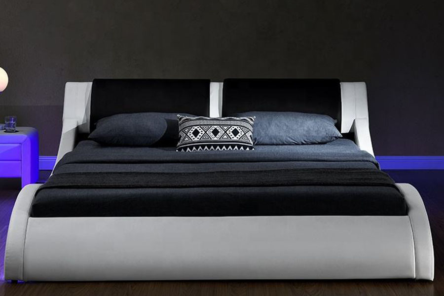 1187-1 Italian S-Shape LED Leather King Upholstered Bed Frame