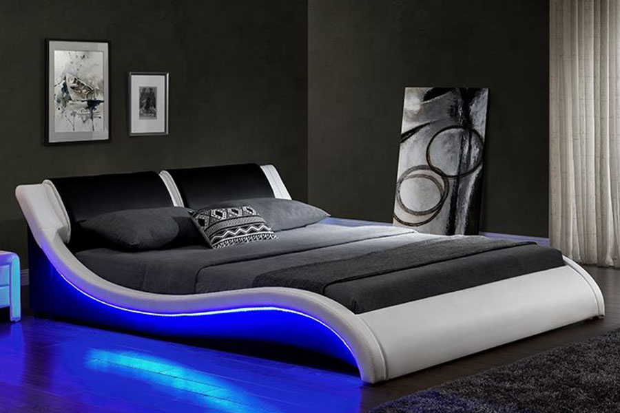 1187-1 Italian S-Shape LED Leather King Upholstered Bed Frame