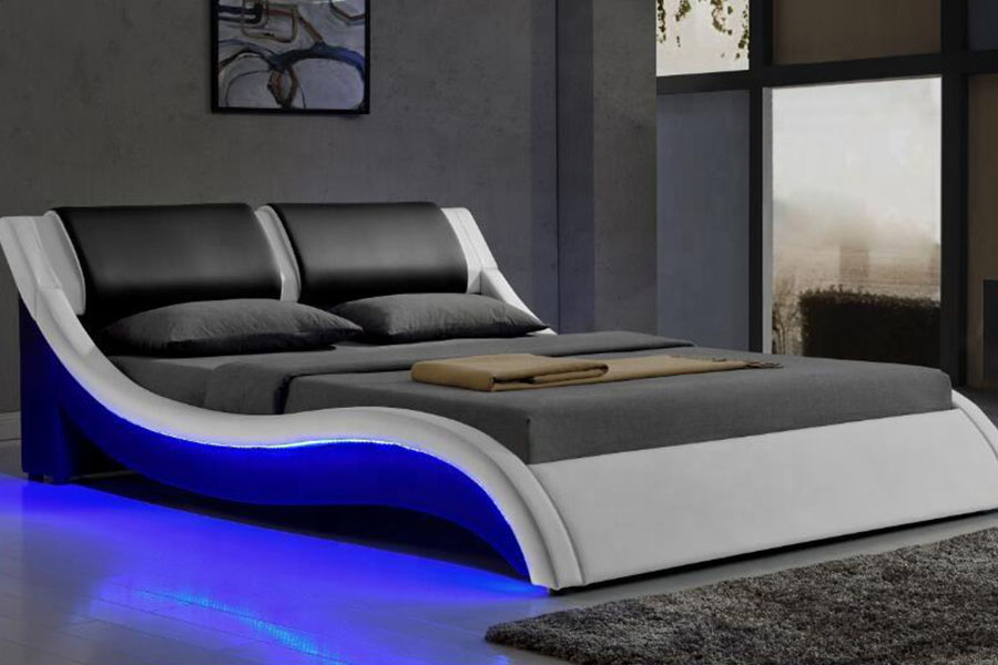 1187-1 Italian S-Shape LED Leather King Upholstered Bed Frame