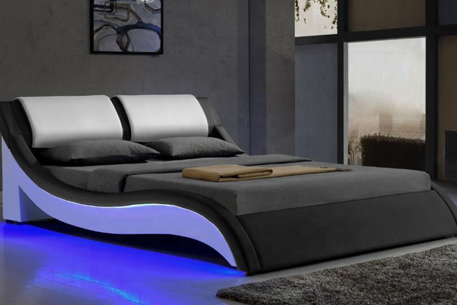 1187-1 Italian S-Shape LED Leather King Upholstered Bed Frame