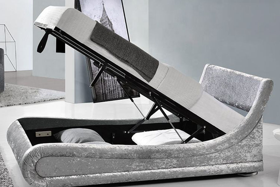 Durog-Velvet LED Ottoman Gas Lift Storage Bed Frame
