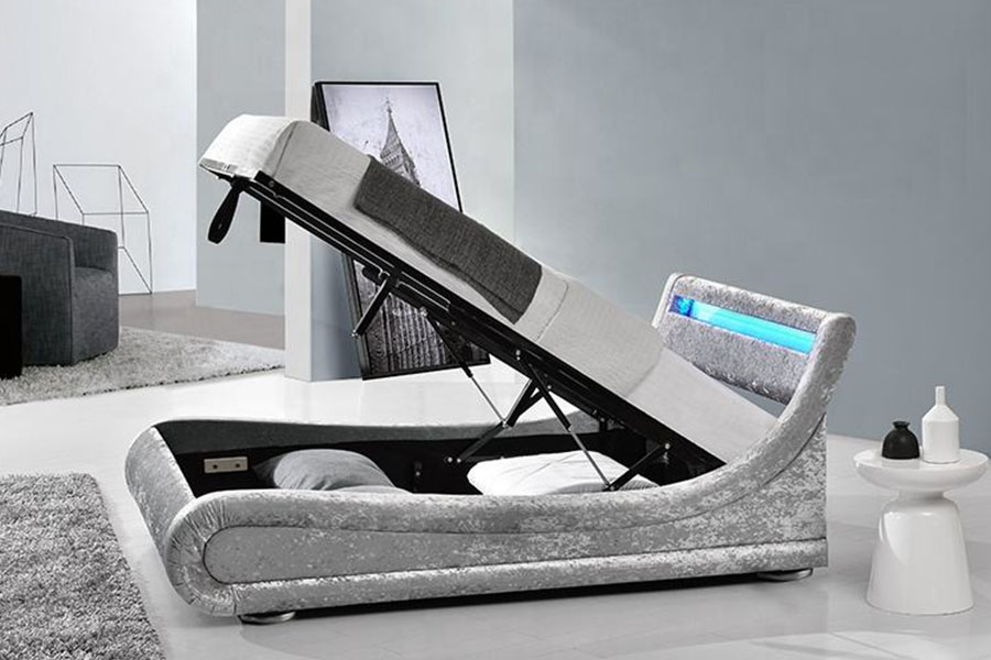 Durog-Velvet LED Ottoman Gas Lift Storage Bed Frame