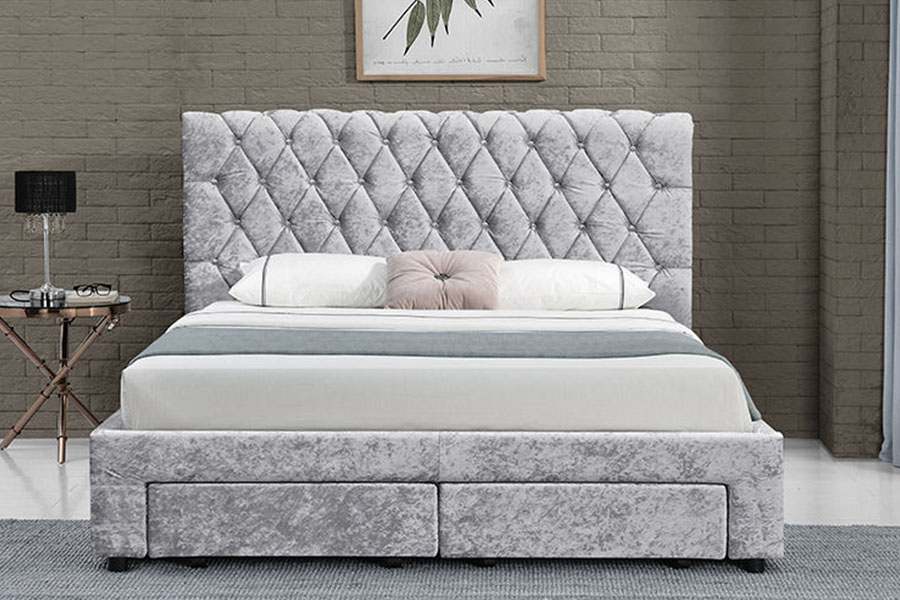 1217D European Velvet Rhombus-Headboard King Four-Drawer Storage Bed Frame