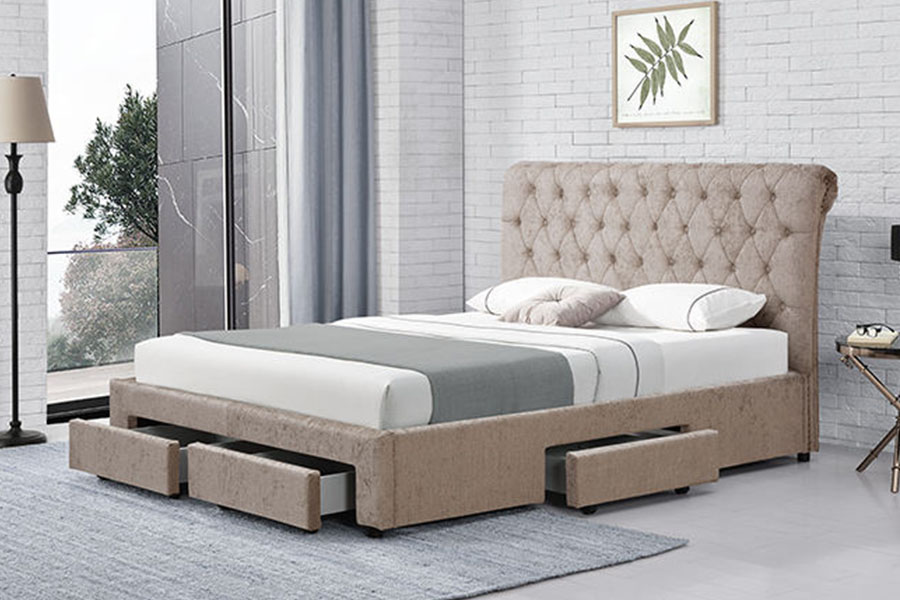 1217D European Velvet Rhombus-Headboard King Four-Drawer Storage Bed Frame