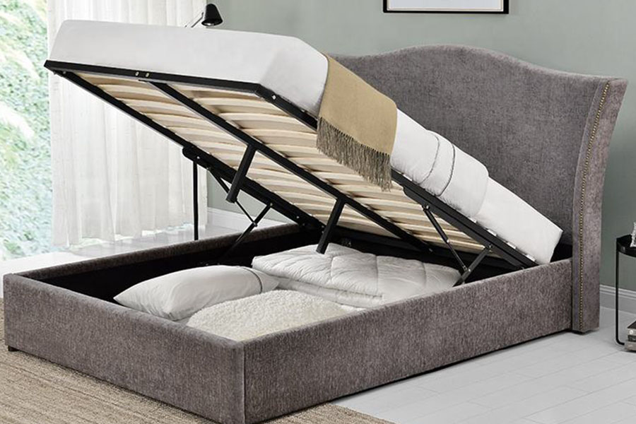 1206G Classical Crown Linen Fabric Gas Lift Storage Bed Frame