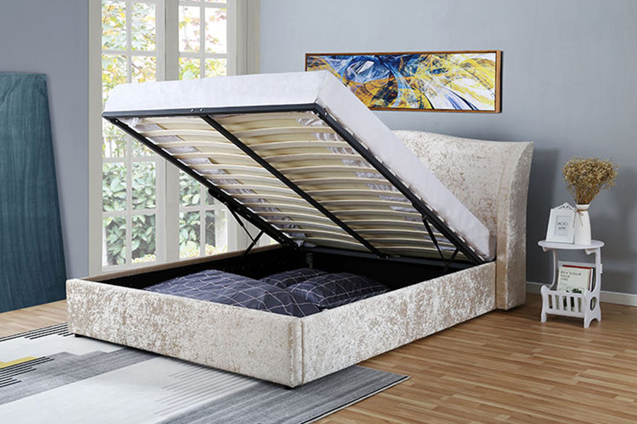1320G Champagne-Velvet Oyster-Finish Ottoman Upholstered Storage Bed Frame