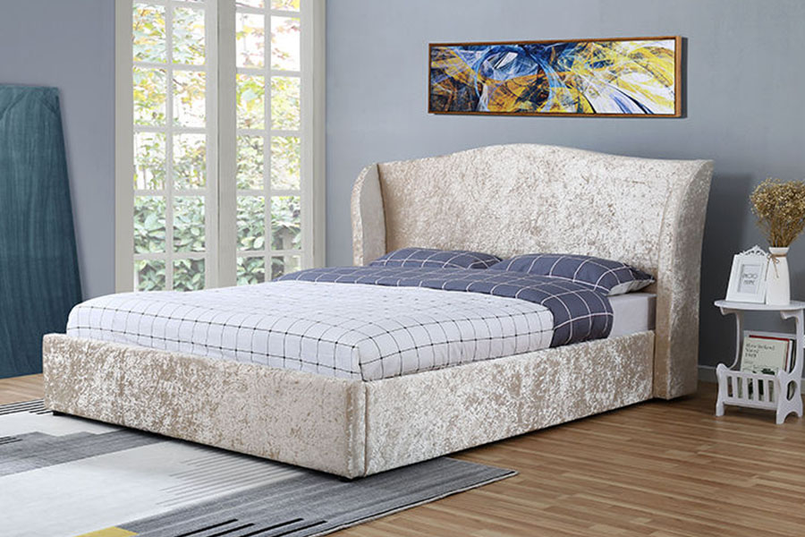 1320G Champagne-Velvet Oyster-Finish Ottoman Upholstered Storage Bed Frame