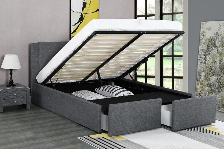 1311DG ​​Gas-Lift Dalawang-Drawer Tela na Wooden Storage Upholstered Bed Frame
