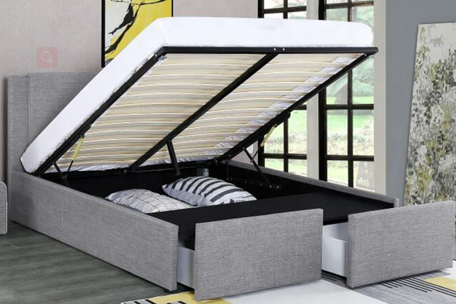 1311DG ​​Gas-Lift Dalawang-Drawer Tela na Wooden Storage Upholstered Bed Frame