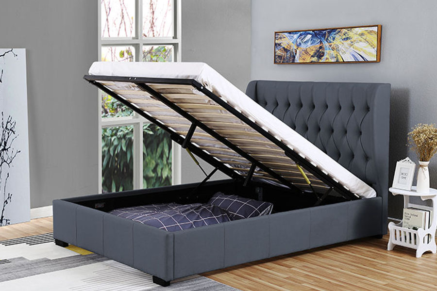1310G High-Headboard Wingback Grey-Fabric Button-Detail na Storage Bed Frame