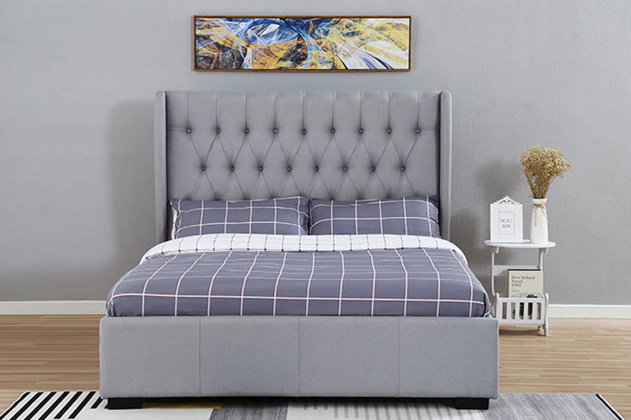 1310G High-Headboard Wingback Grey-Fabric Button-Detail na Storage Bed Frame