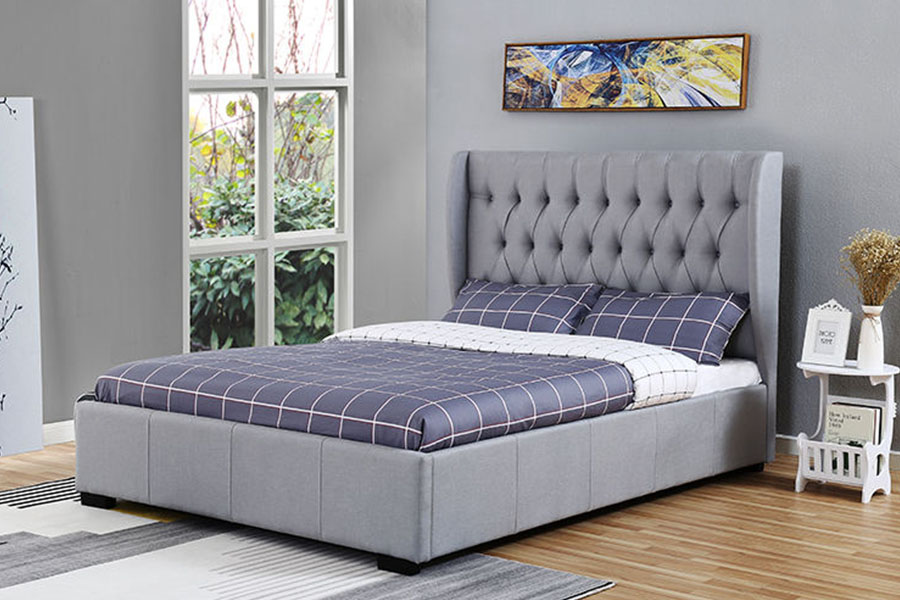 1310G High-Headboard Wingback Grey-Fabric Button-Detail na Storage Bed Frame
