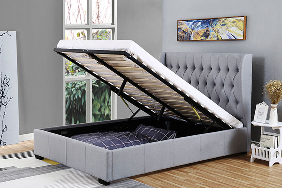 1310G High-Headboard Wingback Grey-Fabric Button-Detail na Storage Bed Frame