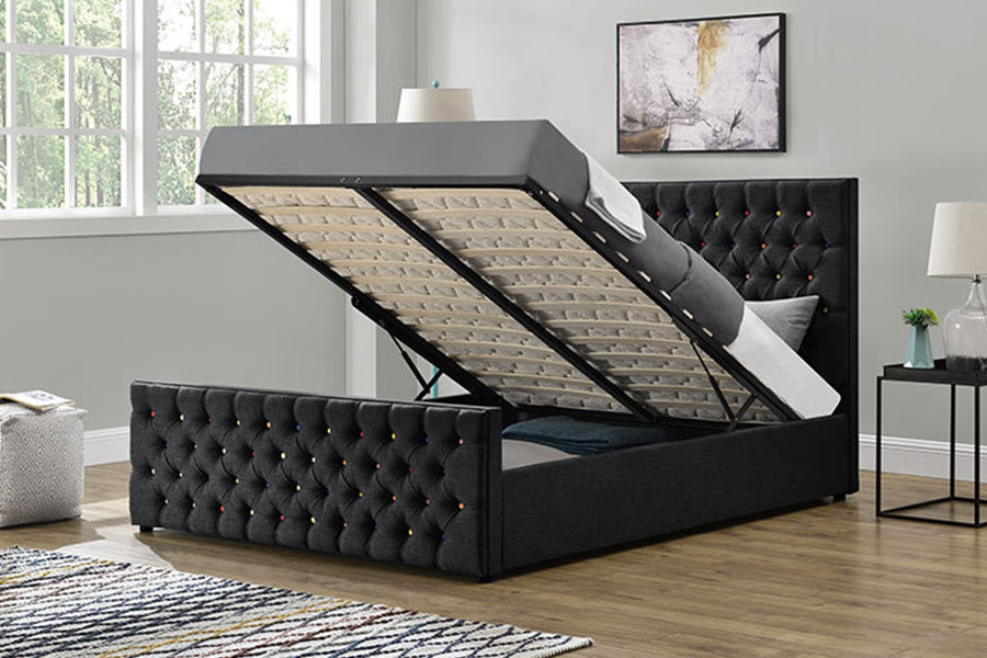 1308G Black-Fabric Luxury Sleigh Button-Tufted Platform Gas Lift Storage Bed Frame