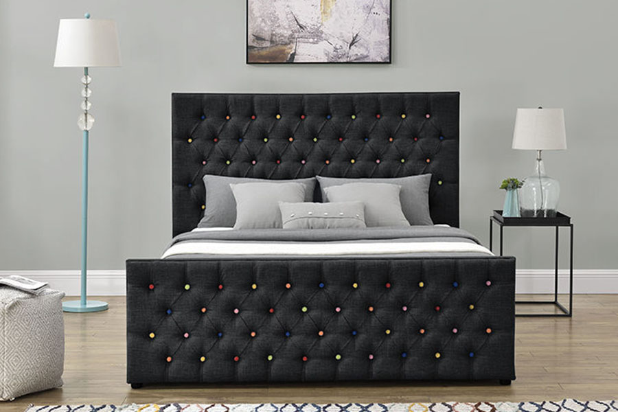 1308G Black-Fabric Luxury Sleigh Button-Tufted Platform Gas Lift Storage Bed Frame