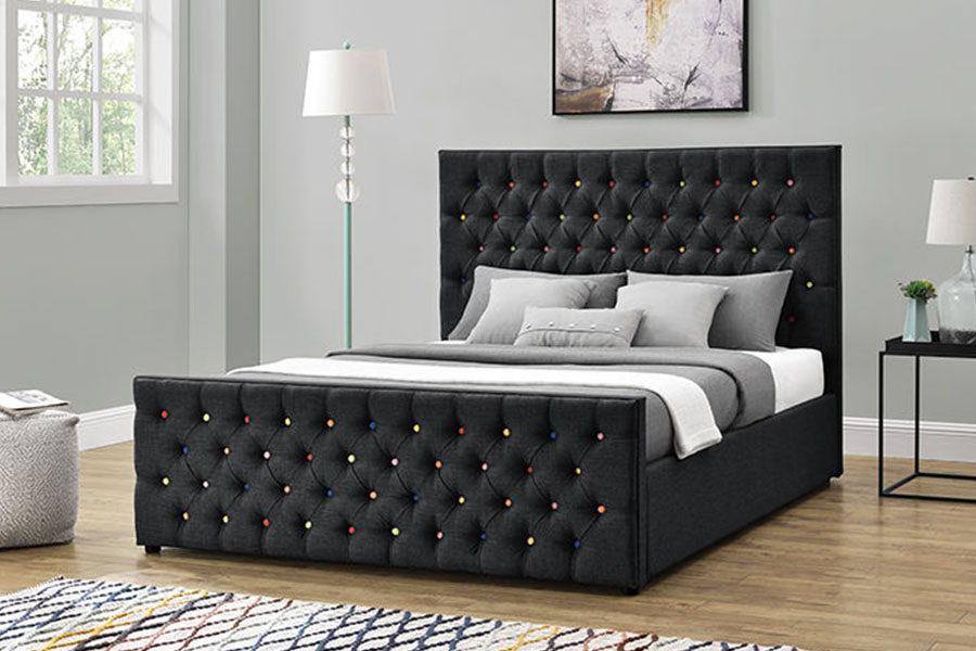 1308G Black-Fabric Luxury Sleigh Button-Tufted Platform Gas Lift Storage Bed Frame