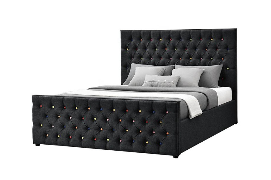 1308G Black-Fabric Luxury Sleigh Button-Tufted Platform Gas Lift Storage Bed Frame