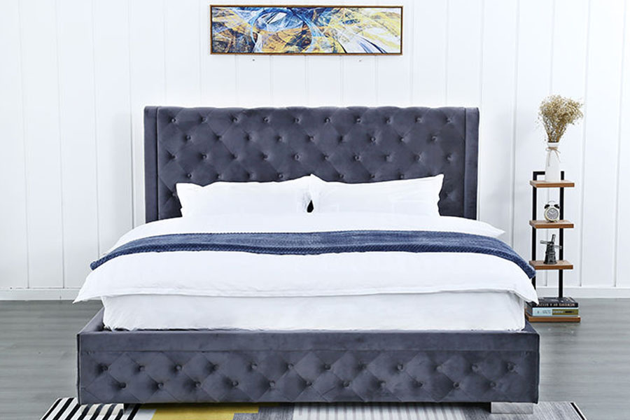 1293G Plush-Velvet Solid-Wood Ottoman Queen Upholstered Storage Bed Frame