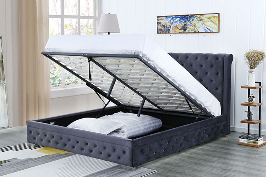 1293G Plush-Velvet Solid-Wood Ottoman Queen Upholstered Storage Bed Frame