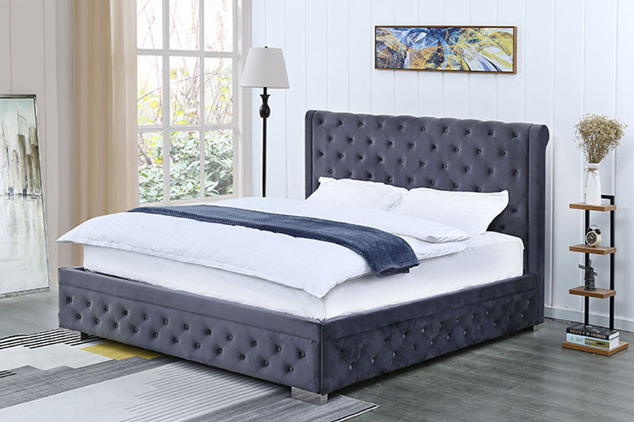 1293G Plush-Velvet Solid-Wood Ottoman Queen Upholstered Storage Bed Frame