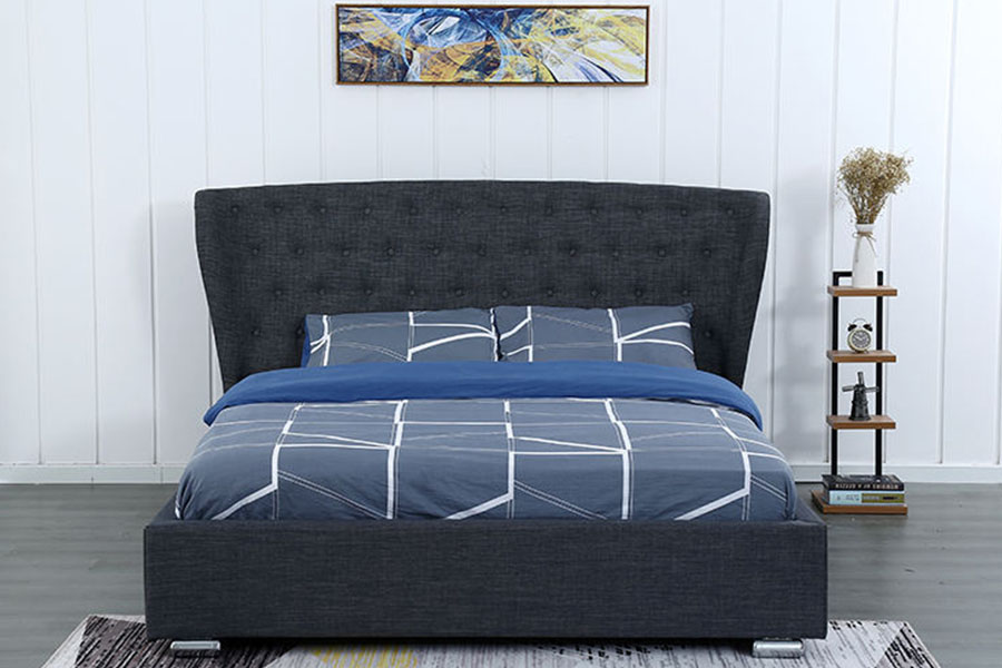 1292G European Wingback Grey-Linen Buttoned Wooden-Leg Upholstered Bed