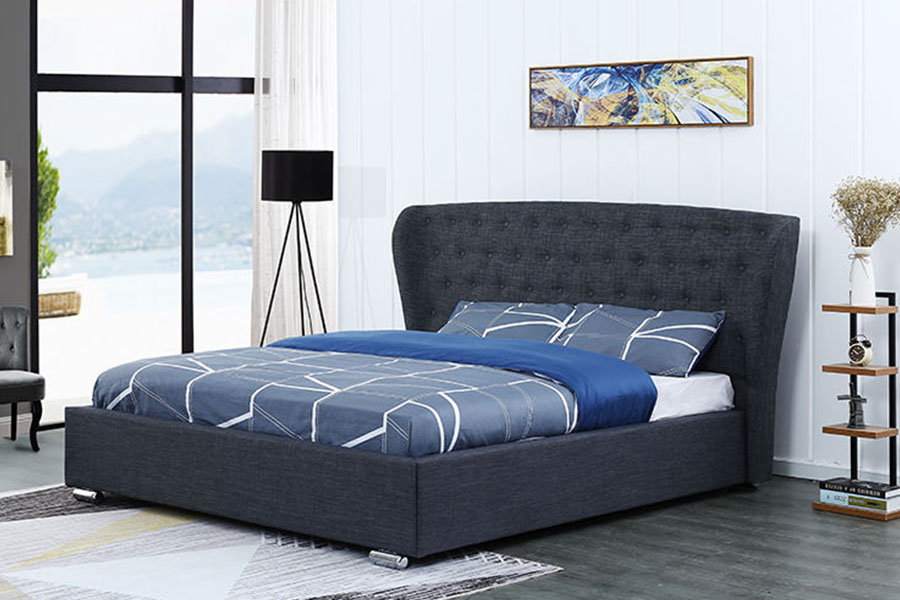 1292G European Wingback Grey-Linen Buttoned Wooden-Leg Upholstered Bed