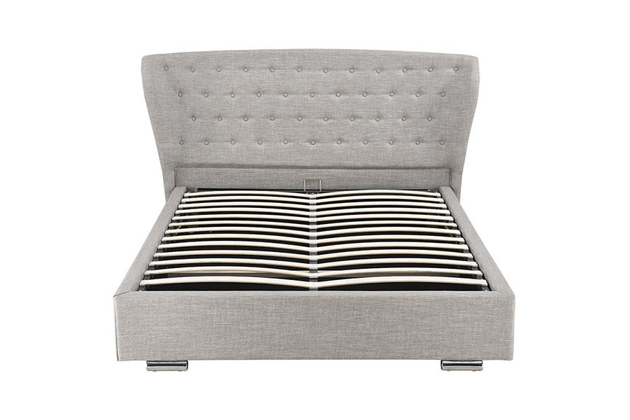 1292G European Wingback Grey-Linen Buttoned Wooden-Leg Upholstered Bed