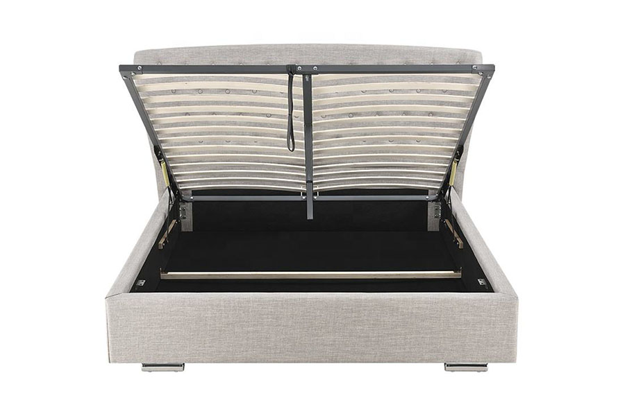 1292G European Wingback Grey-Linen Buttoned Wooden-Leg Upholstered Bed