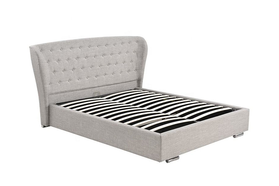 1292G European Wingback Grey-Linen Buttoned Wooden-Leg Upholstered Bed