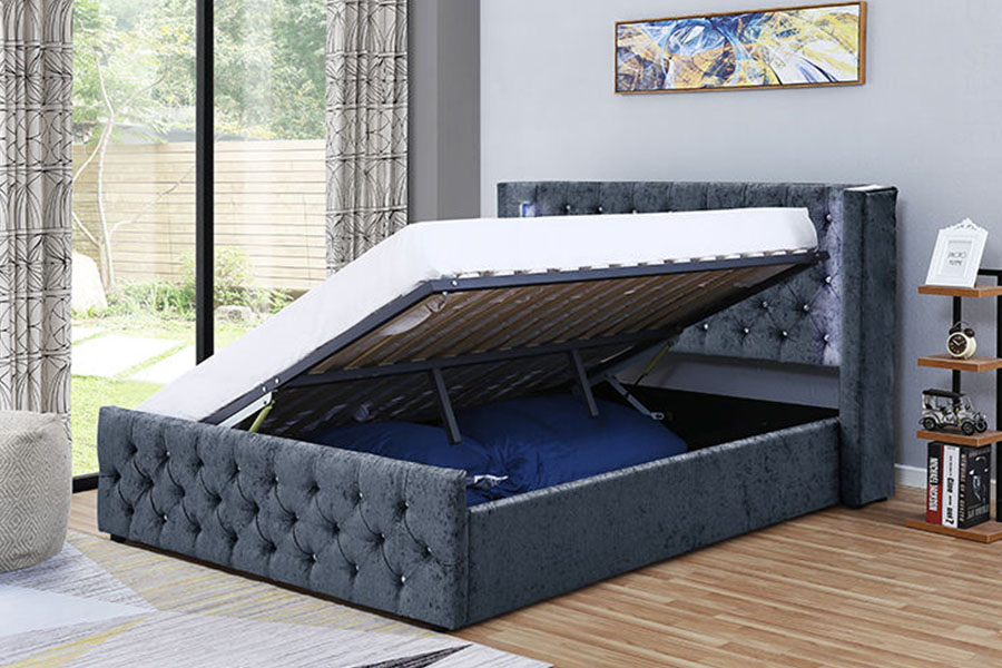 1290-1G Silver-Velvet LED Winged-Diamante Wooden Storage Bed Frame