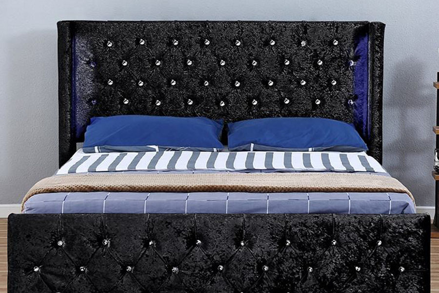 1290-1G Silver-Velvet LED Winged-Diamante Wooden Storage Bed Frame