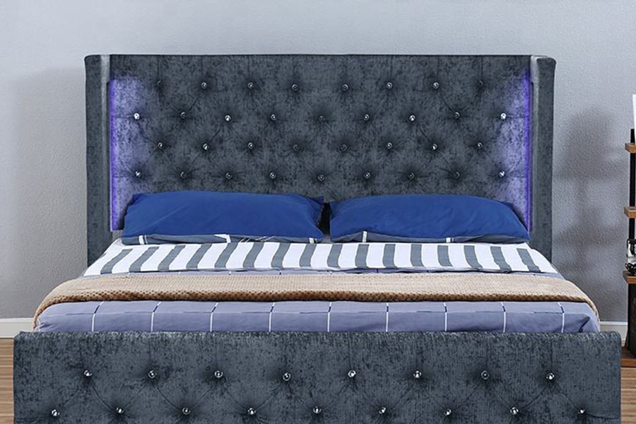 1290-1G Silver-Velvet LED Winged-Diamante Wooden Storage Bed Frame