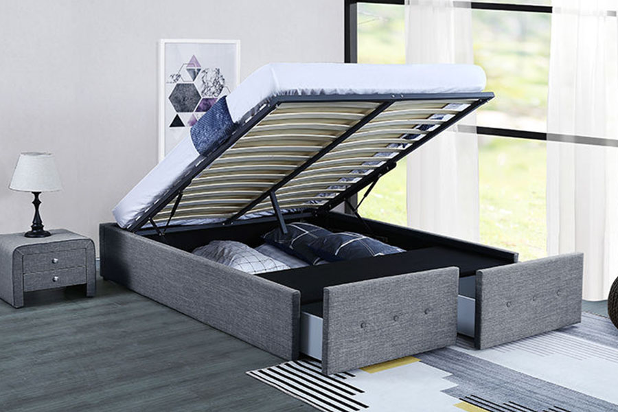 1326DG Gas-Lift Panel-Style Fabric Queen Storage Drawer Upholstered Bed Frame