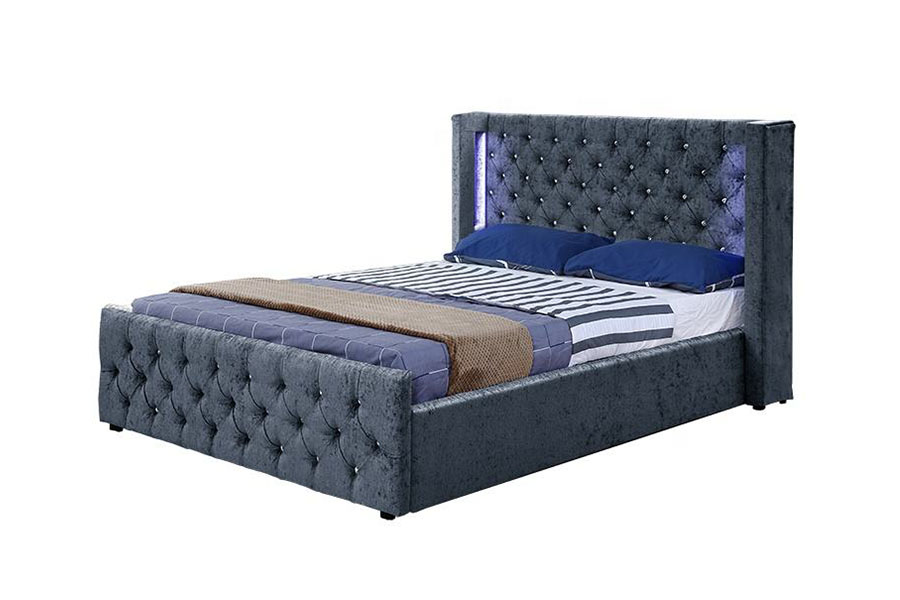 1290-1G Silver-Velvet LED Winged-Diamante Wooden Storage Bed Frame