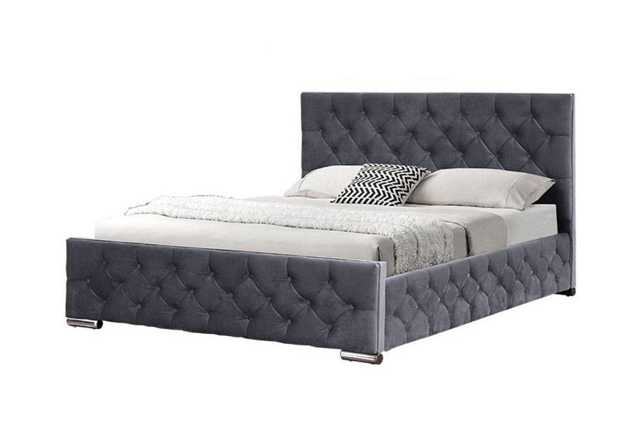 1253G Diamond-Tufted Gray na Tela Chrome-Leg Hydraulic Storage Bed Frame