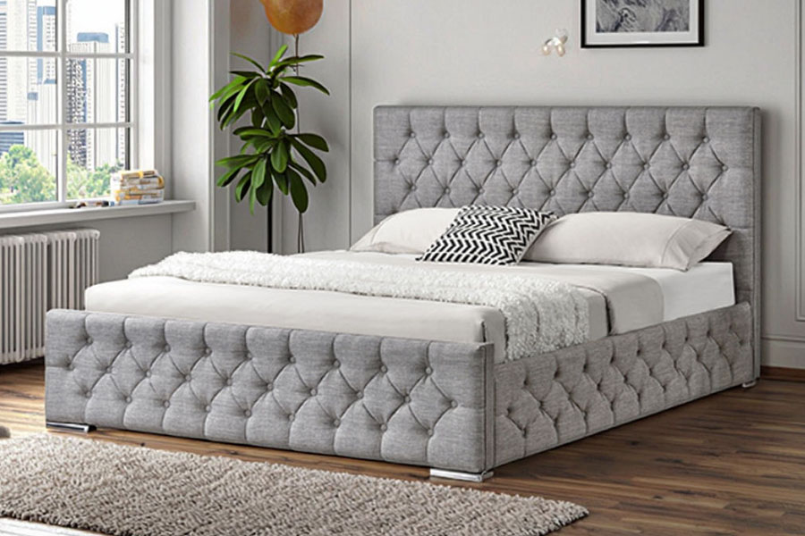 1253G Diamond-Tufted Gray na Tela Chrome-Leg Hydraulic Storage Bed Frame