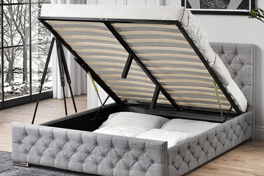 1253G Diamond-Tufted Gray na Tela Chrome-Leg Hydraulic Storage Bed Frame