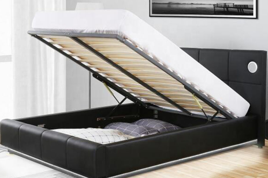 1239-1GS PU-Leather LED Music-Speaker Gas Lift Storage Bed Frame