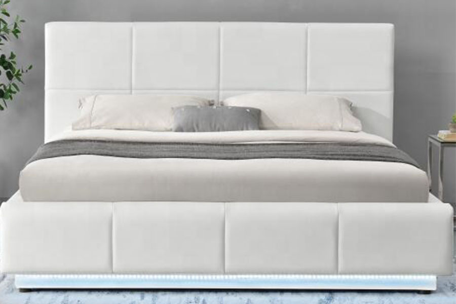 1239-1G White Faux-Leather Ottoman LED Double Upholstered Bed Frame