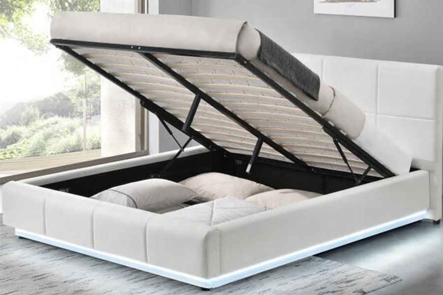 1239-1G White Faux-Leather Ottoman LED Double Upholstered Bed Frame
