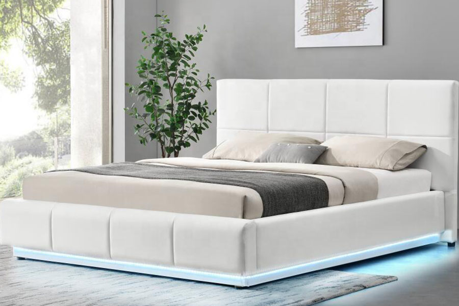 1239-1G White Faux-Leather Ottoman LED Double Upholstered Bed Frame